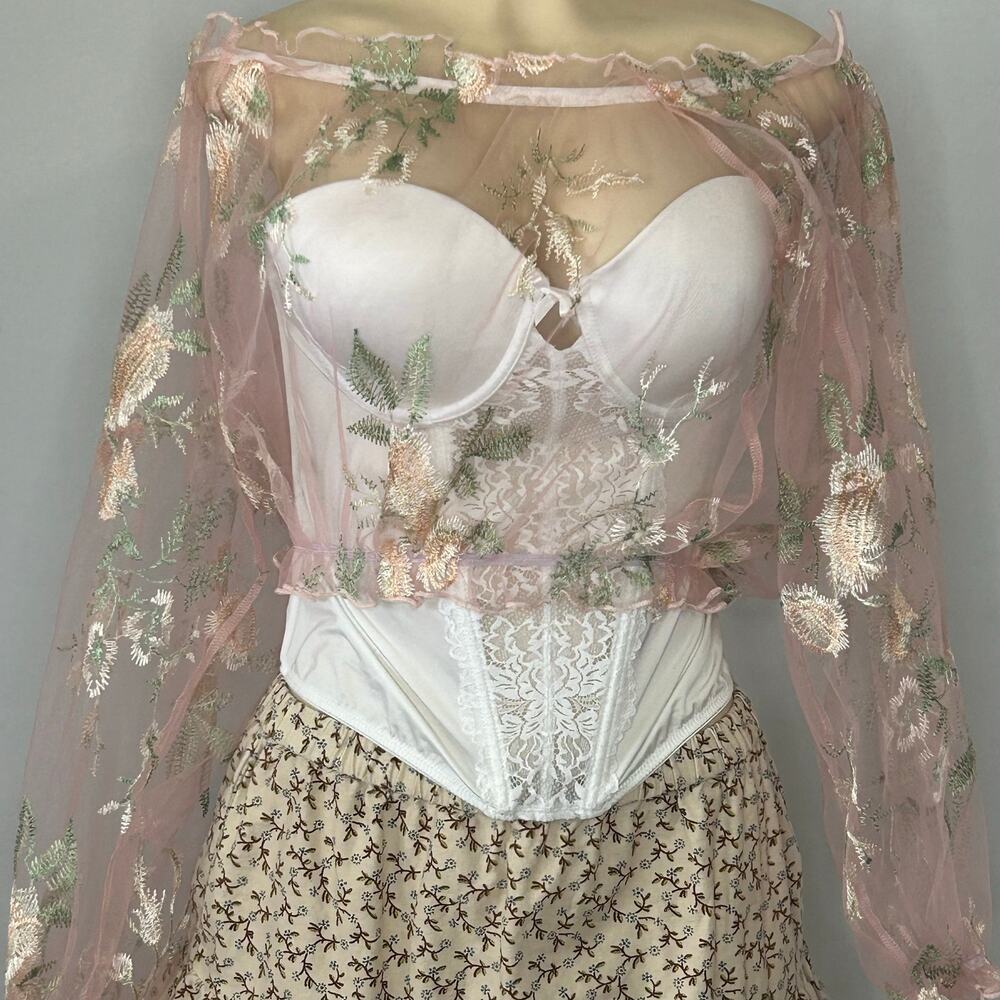 Fairycore Pink Sheer Embroidered Mesh Top Floral Off Shoulder Medium